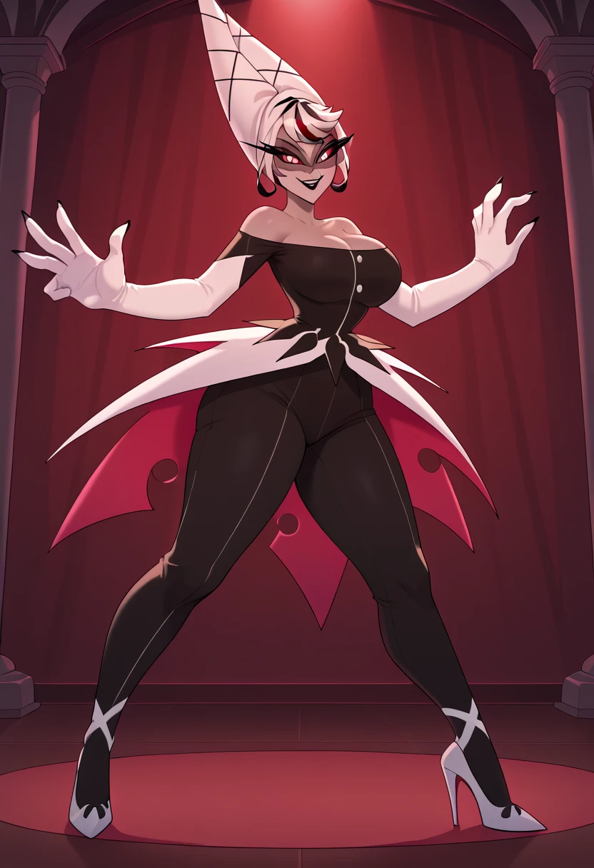 Stella, owl, cute, blushing,, red eyes, white pupils, Helluva Boss, by VivziePop,, stelladress, stellaoutfit, stella dress , gold crown, elbow gloves, fingerless gloves