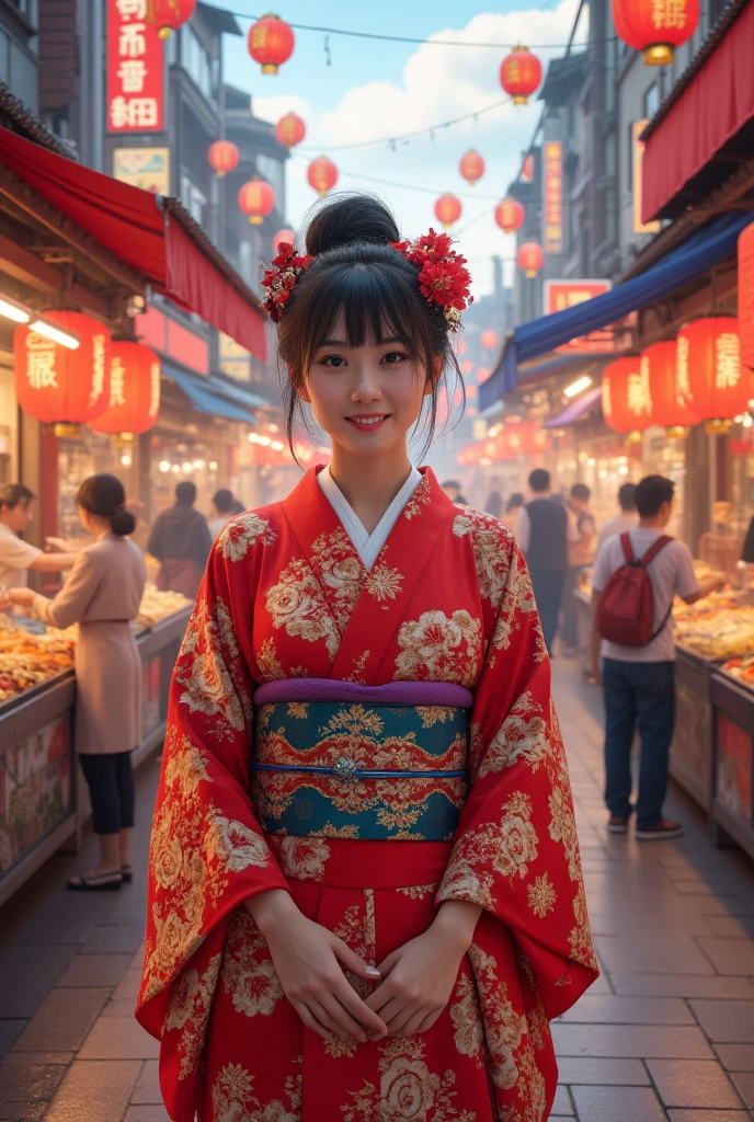 Street food scene ,New Year's anime，"  happy new year  　2025"The sign reads ，  Japanese beauty in kimono,firework