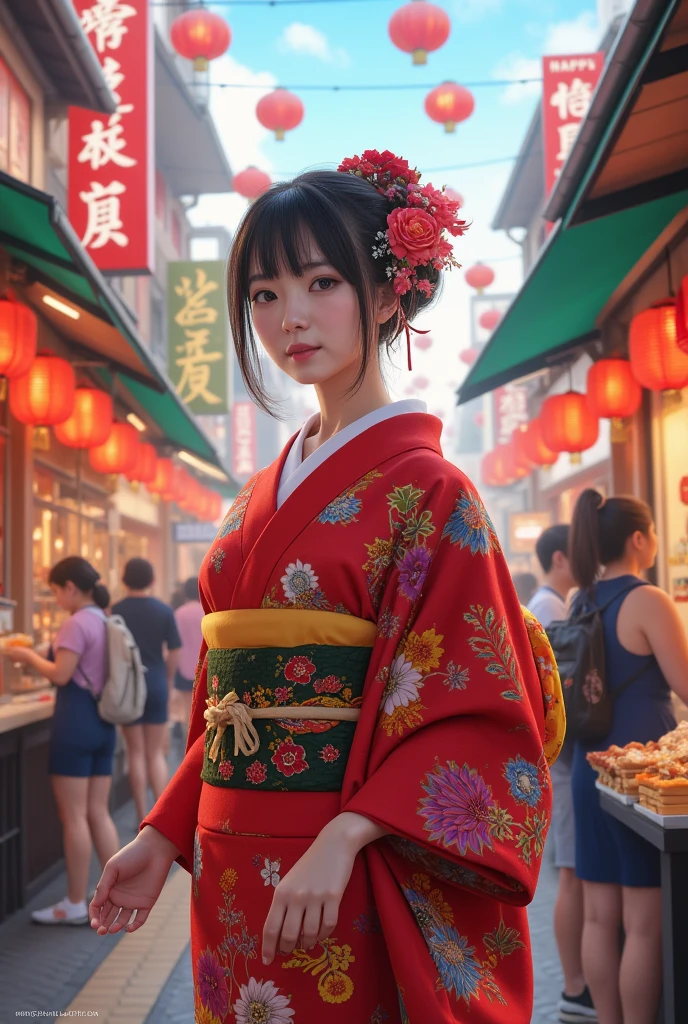 Street food scene ,New Year's anime，"  happy new year  　2025"The sign reads ，  Japanese beauty in kimono,firework