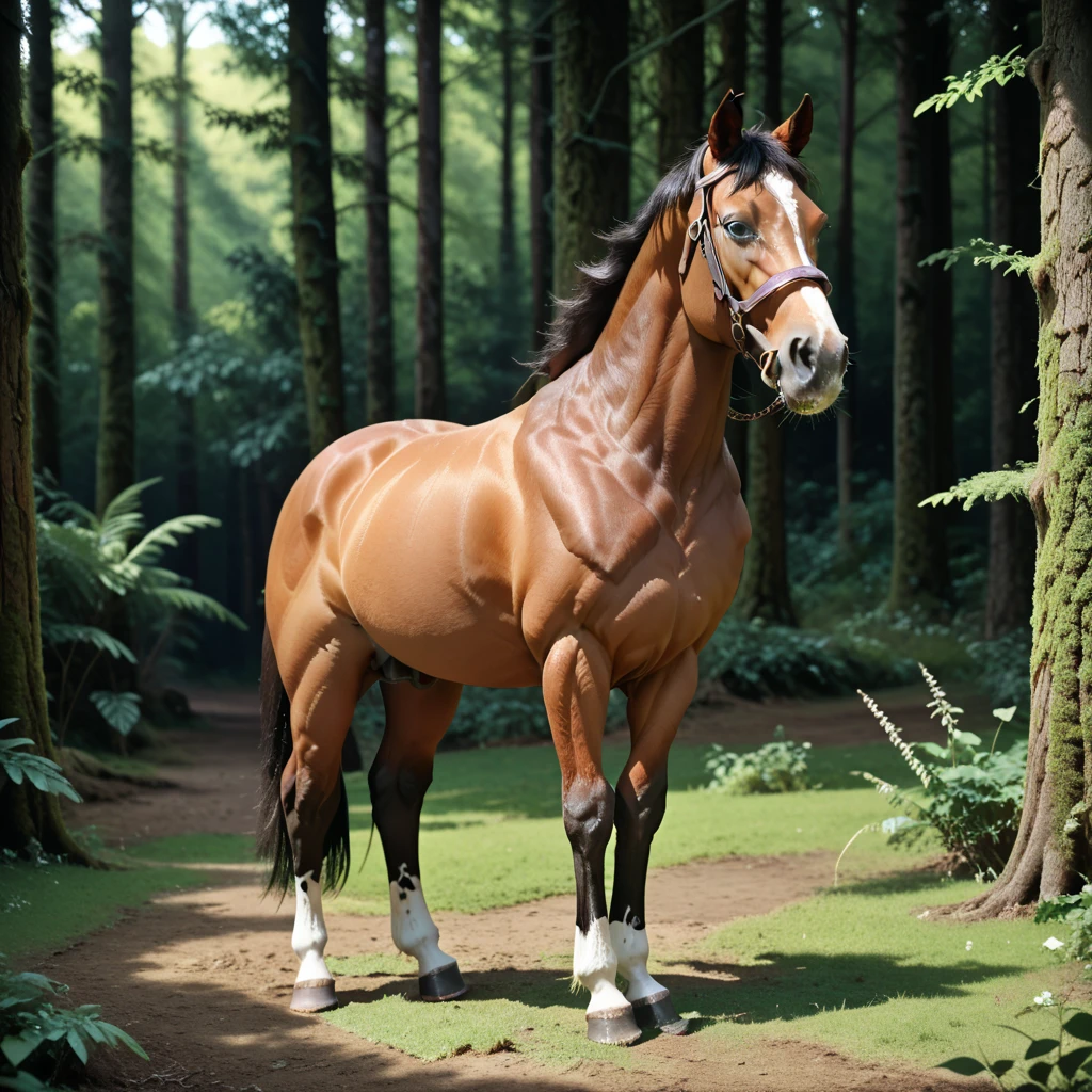 (1horse) full body horsegal with horse penis, in a deserted forest, masterpiece, dramatic lighting, highly detailed, depth of field