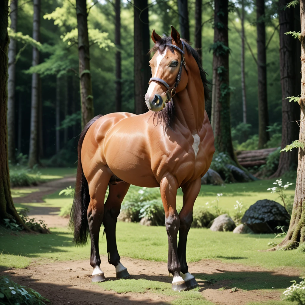 (1horse) full body horsegal with horse penis, in a deserted forest, masterpiece, dramatic lighting, highly detailed, depth of field