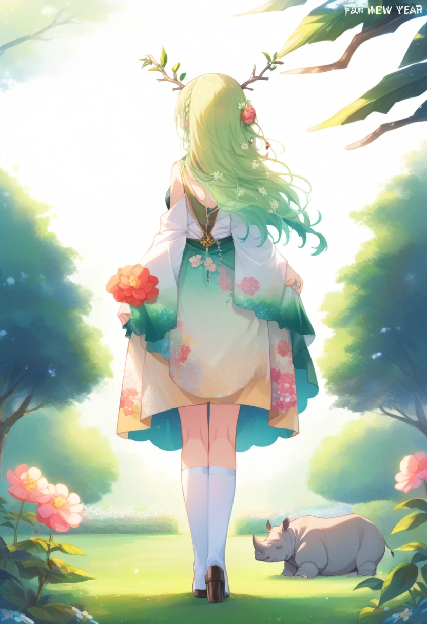 score_9, score_6_ up,  source_Anime,  One Girl , Alone, from behind, garden, Oversized Flower , Fauna _new year, Fauna _ based,  long hair, antlers,  Braid Bangs ,  two-tone dress,   jewelry,  white thigh high socks ,  single rhinoceros, Green nails,  mole under eye,  ogipote, Mature Woman 