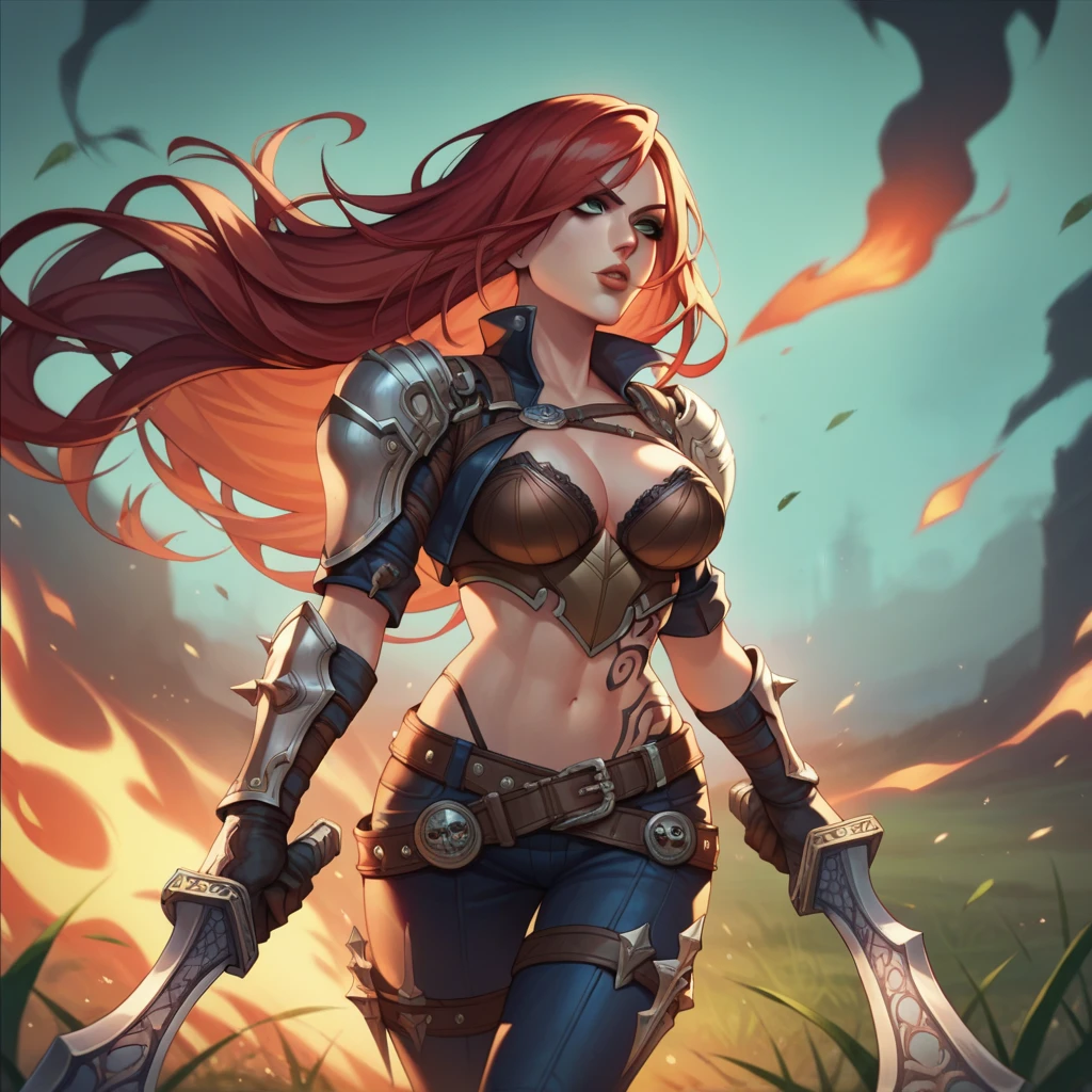 A woman with red hair, a very beautiful berserker woman, sultry body, with the face of Actress Ashley Greene, a barbarian pirate trailblazer, wearing a warrior's leather armor, wearing left eye patch, similar to Red Sonja, Marvel heroine style, 8k, best quality and full body in the image, walking on the beach.