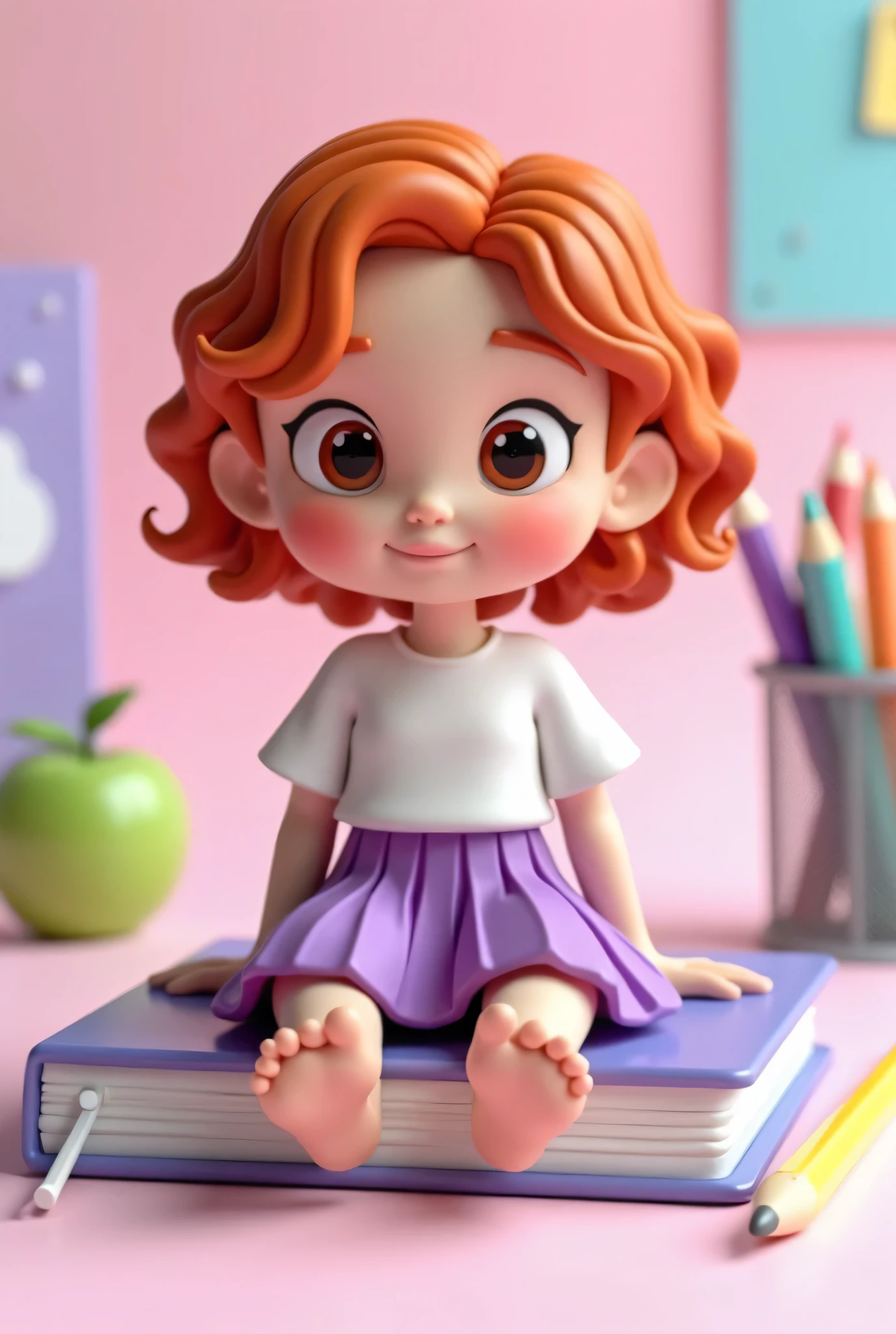  Create a 3d illustration of a female character , curtain, expert,  curly hair , red-haired,  big and expressive eyes ,  sitting casually on top of a notebook and pencils .  The character must wear a white blouse and a purple pleated skirt .  The background of the image must contain school items in lilac colors , green,  blue and white 