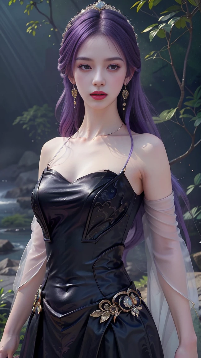 (masterpiece),(best quality:1.5),8k,absurdres,highres, Glowing skin:1.3, shiny skin, oil skin, 
Wang dong,cute face, closed mouth:1.3,
1girl,solo,jewelry, Earring,(long hair:1.5),(purple hair:1.5), alpha transparency,see-through,dress, (black dress:1.3), simple background,realistic,expressionless, short dress, (upper body:1.3), outdoor,(looking at viwer:1.7), garden background, closed mouth,(standing:1.5), (Long sleeve), absurddress, body suit, Sharp gaze, senyum, (Looking at the camera:1.4), (Bare shoulders:1.3), Crystal skin, pale skin, Glowing skin, oil skin, big breast:1.3, cleavage, Very detailed face, Very detailed clothes,