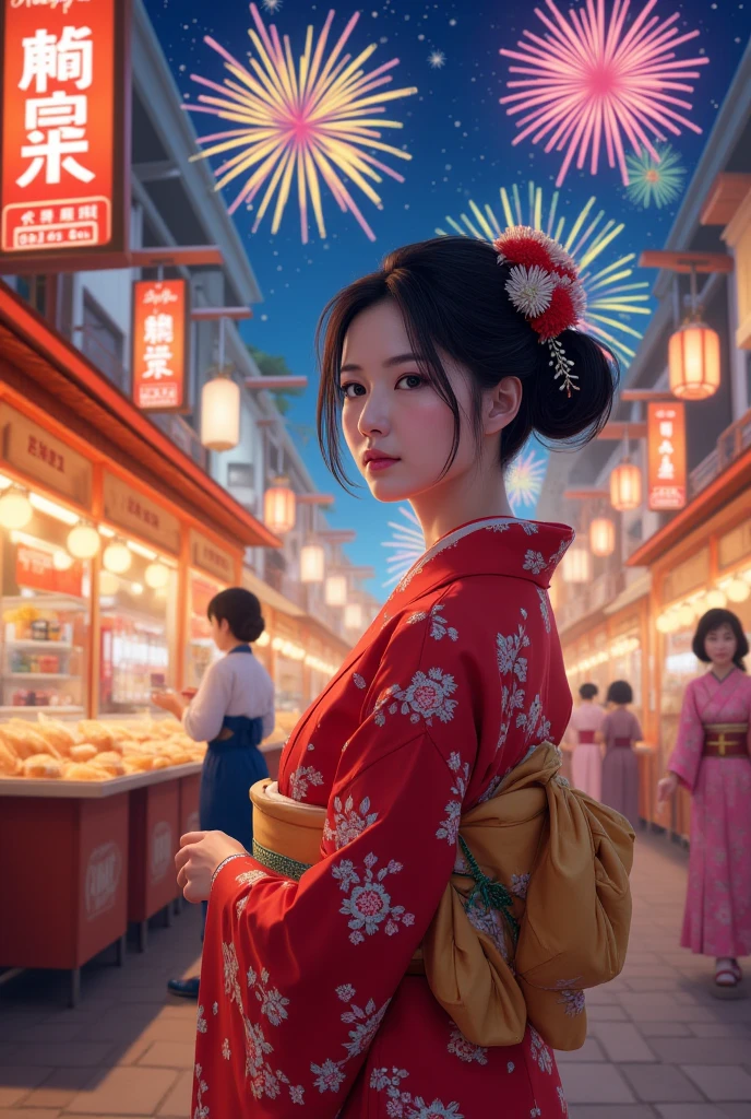 Street food scene ,New Year's anime，"  happy new year  　2025"Written on the sign，  Japanese beauty in kimono, fireworks on the background