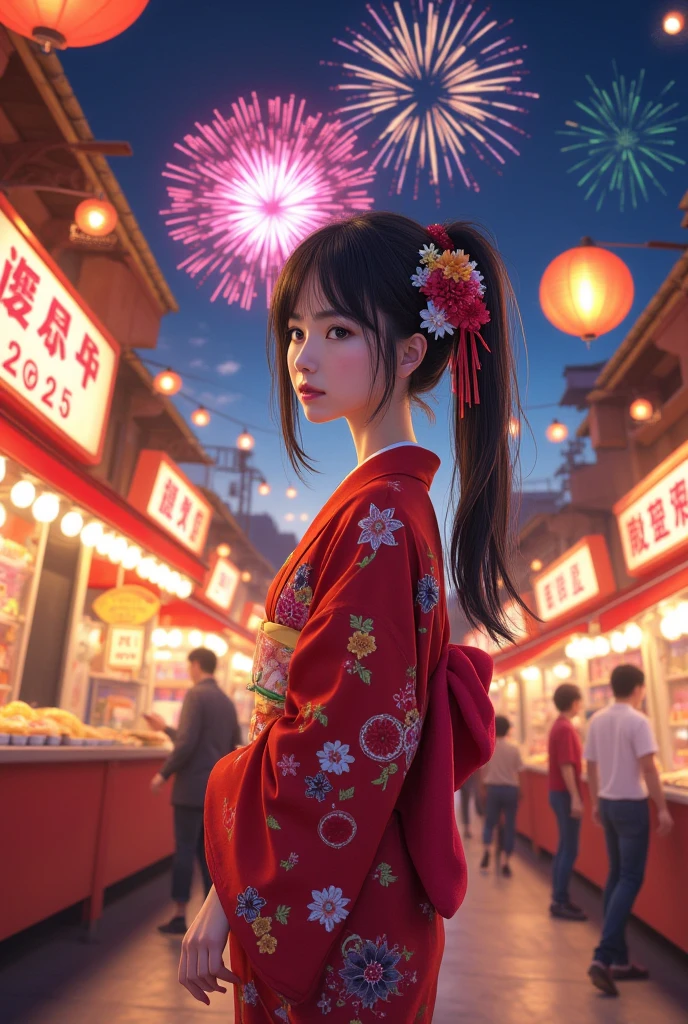 Street food scene ,New Year's anime，"  happy new year  　2025"Written on the sign，  Japanese beauty in kimono, fireworks on the background