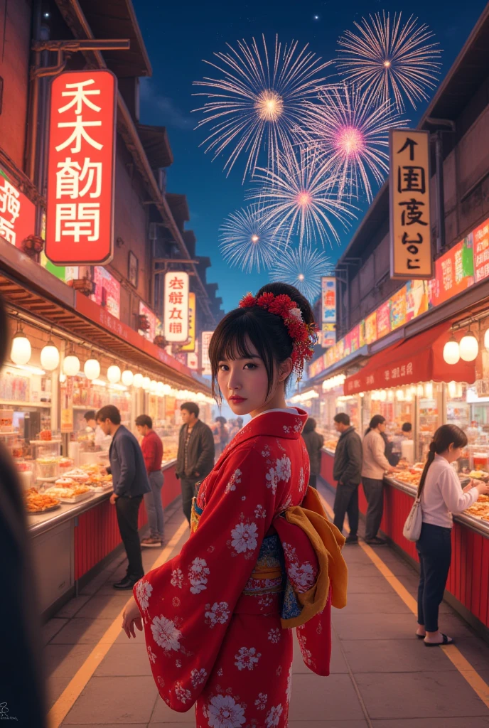 Street food scene ,New Year's anime，"  happy new year  　2025"Written on the sign，  Japanese beauty in kimono, fireworks on the background