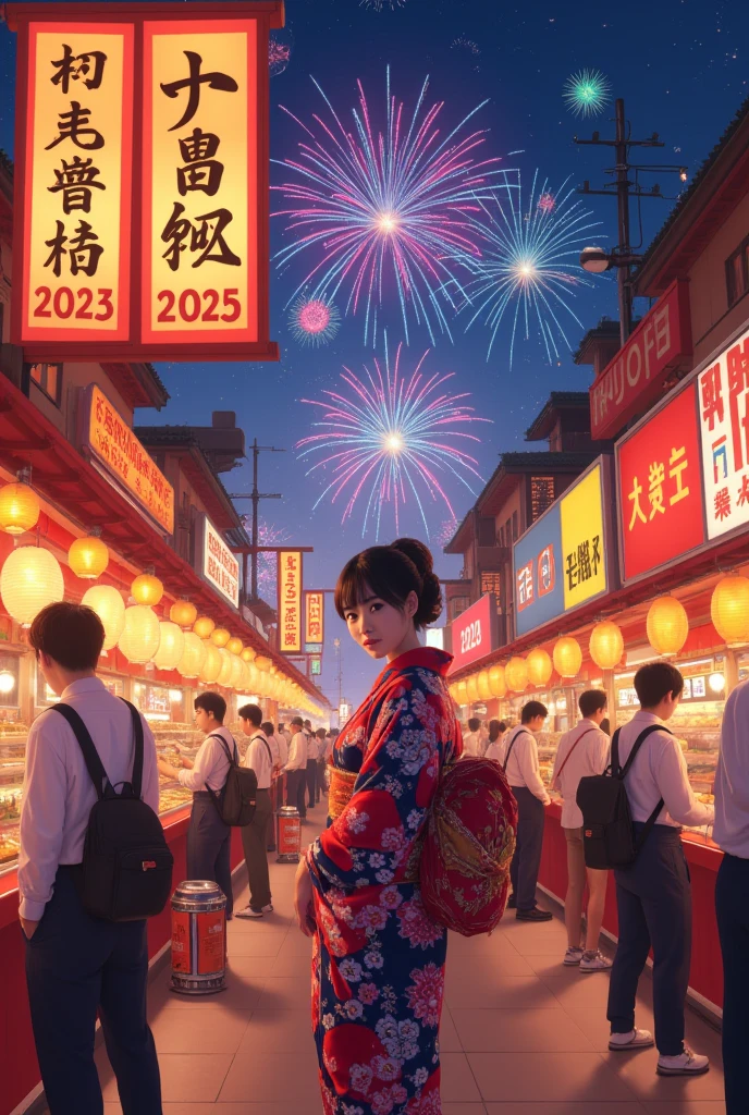 Street food scene ,New Year's anime，"  happy new year  　2025"Written on the sign，  Japanese beauty in kimono, fireworks on the background