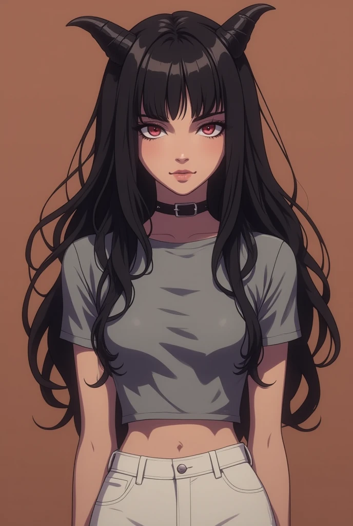 girl, red eyes, white jeans pants, Gray shirt, black hair, very little black horns, long hair, pantyhose on the body, Modern Anime Style, High Definition, Ultra Details, Fantasy Modern World, HD, full body, happy but hiding her true happiness, flat brown background