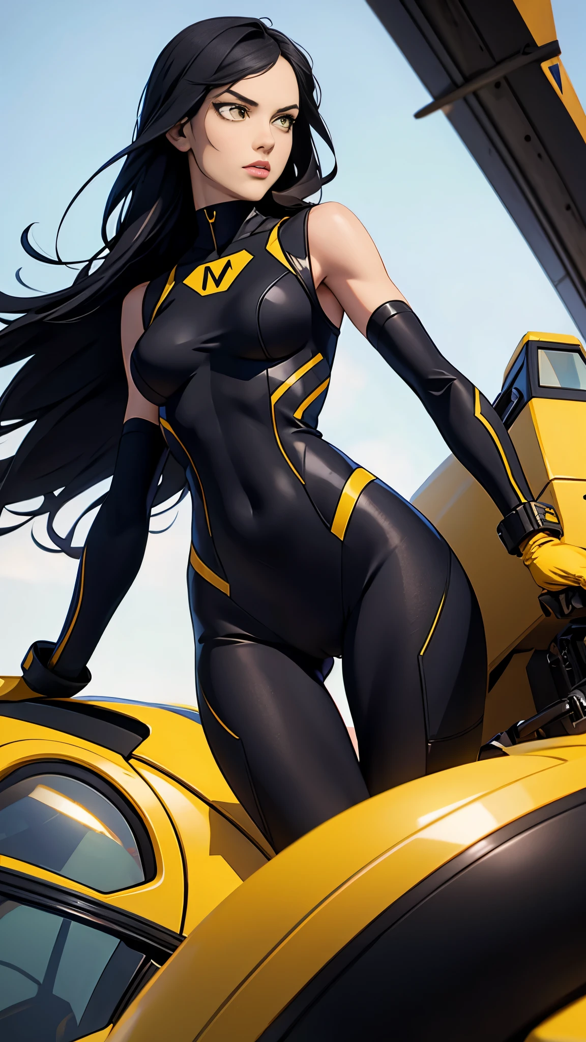 ((Best quality)), ((masterpiece)), (detailed: 1.4), (Absurd), Fighter pilot indigenous woman of Brazil ready for war, on her back, perfect ass, dark skin, with a feather on her head, ornaments typical of the natives of Brazil, defined muscular sculptural body, half thick naked thighs, closed mouth, muscular body covered by technological clothing, Neon Genesis Evangelion style, cyberpunk, generous neckline, ((perfect medium breasts)), (brown eyes without pupils), ((dark green clothing, with some yellow elements, dark blue arms with white 5-pointed stars)), (((super straight and flowing black hair with heavy bangs over the forehead))), band tied on the arm, long eyelashes heavy makeup, garter belt, by mucha, niji --V5, close to the real, psychopathic, crazy face, sexy pose, background with a giant Gundam style robot head, 2 piece clothing, shoulder pads with airplane wings on the back, pastel, centered, scale to fit dimensions, HDR (High Dynamic Range),Ray Tracing,NVIDIA RTX,Super-Resolution,Unreal 5,Subsurface dispersion, PBR texture, Post-processing, Anisotropic filtering, Depth of field, Maximum clarity and sharpness, Multilayer textures, Albedo and specular maps, Surface shading, Accurate simulation of light-material interaction, Perfect proportions, Octane Render, Two-tone lighting, Wide aperture, Low ISO, White balance, Rule of thirds, 8K RAW, crysisnanosuit