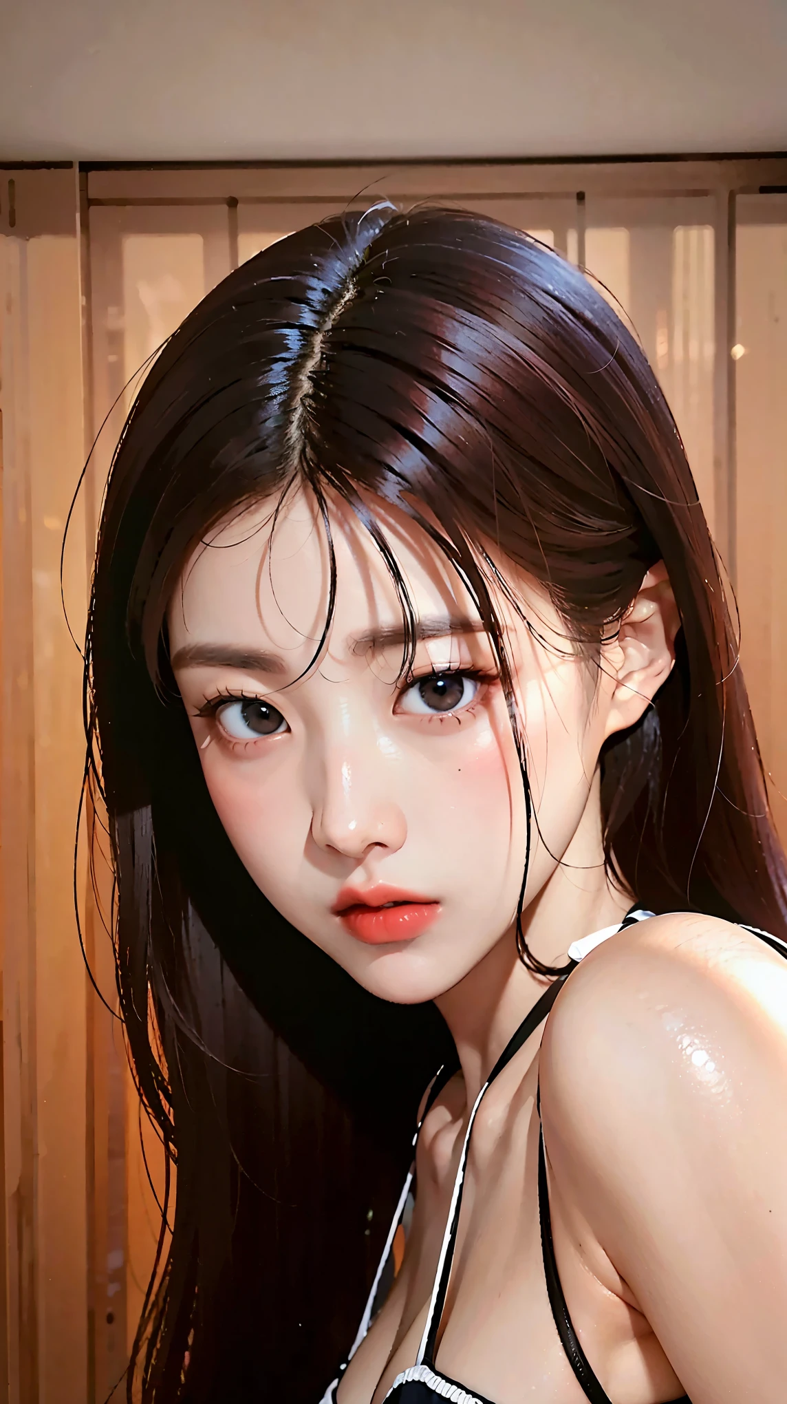 MASTERPIECE,Best,((pure white background)),Light effect,superclear, the high,-definition picture, (front face) solo,_Kim Ji-ni Jennie face,black hair,Wear a black sweater,cleavage,