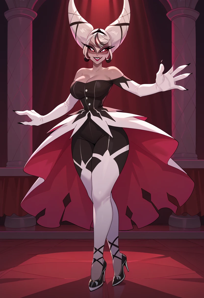 Carmilla_Carmine,score_9, score_8_アップ, score_7_アップ,gray skin,hair is tied up in split into two cones,twin hair, Black dress, white elbow gloves, bare shoulders, lace shoes,smile,(huge juicy breasts:1.2),breasts, has long eyelashes,dress, ,Black Lip,pigmented sclera,Black pupils,White iris, Red corneawhite hair,Big Breasts, wide butt, , (Alone), viewers , indoor,whole body,big hands, ballet shoes Pointed Toes, Detailed face, Detailed eyes