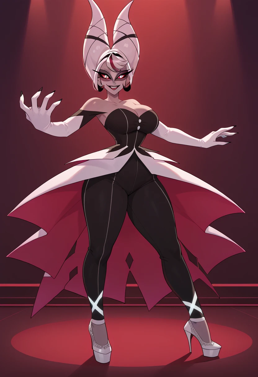 Angel Dust, hazbin hotel style, bimbo, big breast, alone, flip flops, walking, smug, sharpteeth, smile
