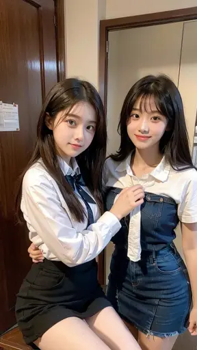 (8K、Raw photography、top-quality、masterpiece:1.2)、ultra-detailliert、ultra res、(Hyperreality、)ultra-detailliert、ultra res、(realisitic、Real Photographics:1.47)、(Hugging each other)Leaning closer、(Fantastic lighting)Hugging、电影灯光、de pele branca、Fair-skinned female proofreading、An ultra-high picture quality、Stylish lighting、Beautiful female proofreading reflecting in light、amazing detailed、Beautiful girls in very detailed、Faces with different patterns、Different face patterns、Each hairstyle has its own characteristics、Farbe々Hairstyle、Farbe々Hair color、Circle of Angels、Having a conversation in a classroom at school、Brown hair shining in the light、One has a ponytail、、Modern cute high school girl、very detailed faces very detailed eyes、Very realistic skin、 extremely detailed fingers, highly detailed nose, highly detail mouth, perfect anatomia, Highly detailed sailor suit、highly detailed back ground,After school、Smiling school girls are gathered in the hallway of the school。They are hugging each other in uniform、Light from bright windows illuminates the classroom、The details of their hair and uniforms shine through.。, famous Japan idol, cute little, Realistic body, de pele branca, glistning skin, Slim body, Long straight hair, (Blunt bangs:1.2), two young women in school uniforms hugging each other in a hallway, two japanese schoolgirls posing, nixeu and sakimichan, TWICE, Seifuku, sakimichan, JK Uniform, wearing japanese school uniform,
