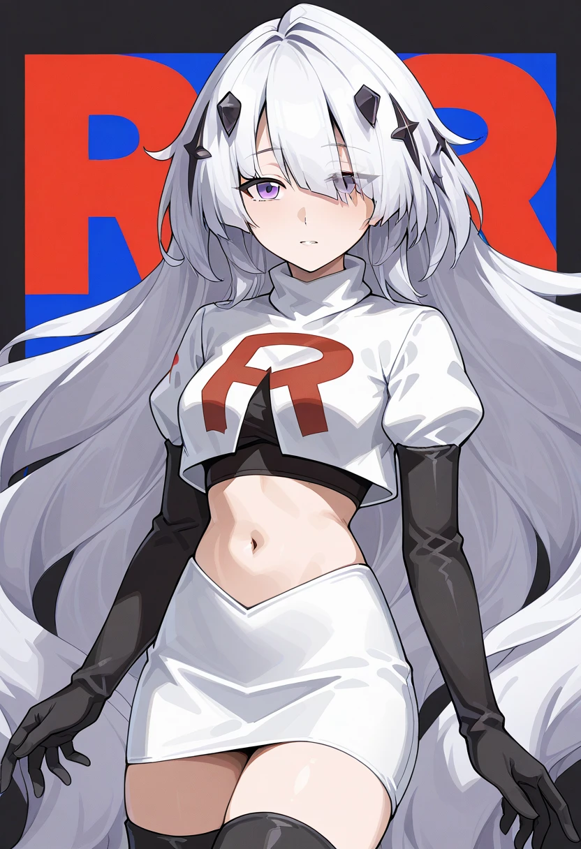 masterpiece, best quality,lucifer with crown,red eyes, white hair,team rocket,team rocket uniform,white skirt,red letter R,crop top,black thigh-highs,black elbow gloves, comic strip