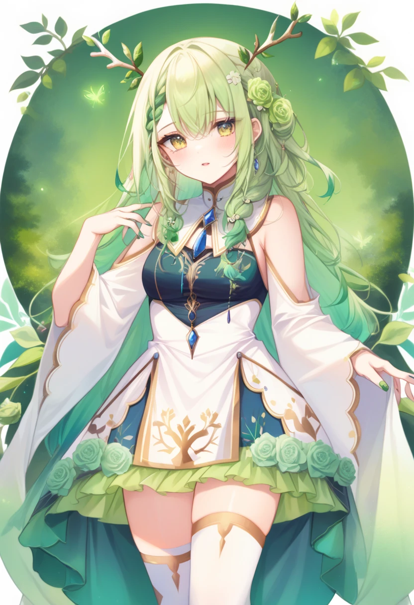 fauna_base, long hair, antlers, braided bangs, two-tone dress, jewelry, white thighhighs, single thighhigh, green nails, green rose, mole under eye