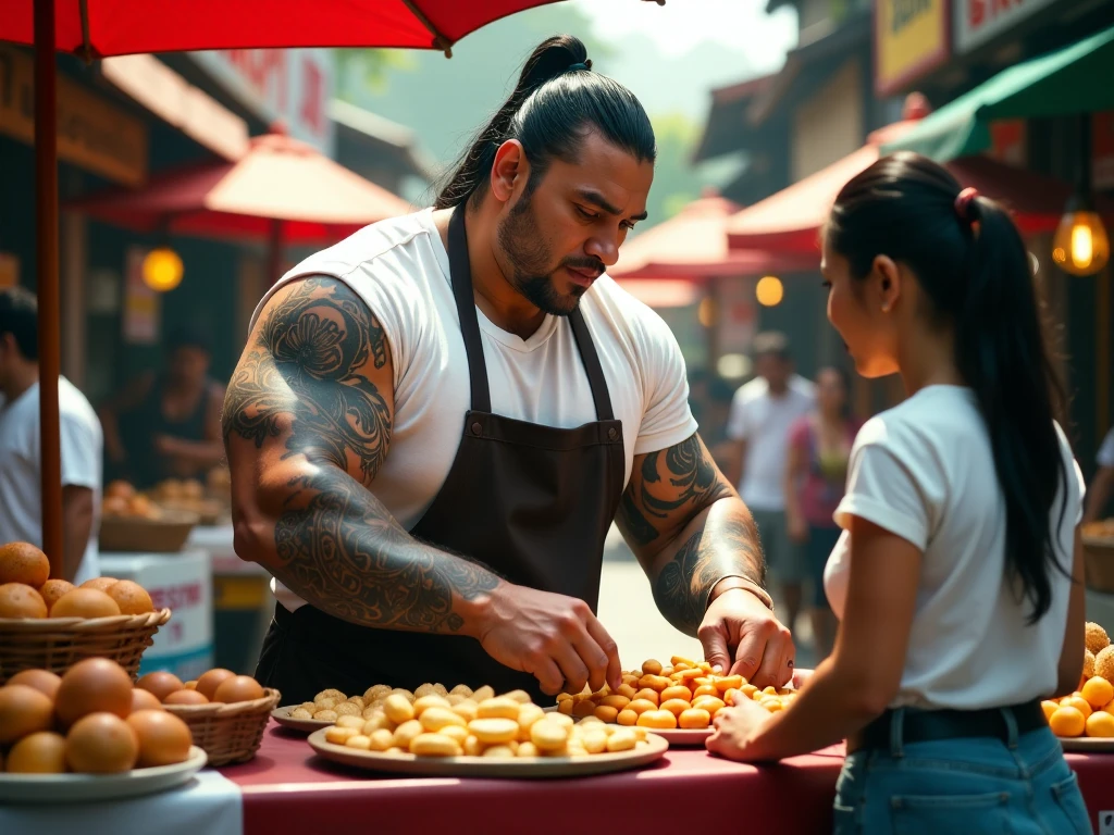 A muscular man resembling Mike Tyson, dressed in a simple white T-shirt and apron, working at a bustling traditional market in Indonesia. He's surrounded by various types of traditional snacks on display, with traditional Indonesian market stalls in the background. He is skillfully organize the snacks on the table, showing concentration and skill. The market is crowded, with people shopping and vendors selling their goods. The atmosphere is lively, with colorful umbrellas, signs in Indonesian, and the typical hustle of an Indonesian street market and add few more details like he is have very long black hair tied in a bun, huge muscular arms  and chest and have a large ethnic tattoooes on his arm. A female buyer stand in front of his stall.