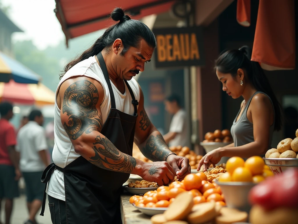 A muscular man resembling Mike Tyson, dressed in a simple white T-shirt and apron, working at a bustling traditional market in Indonesia. He's surrounded by various types of traditional snacks on display, with traditional Indonesian market stalls in the background. He is skillfully organize the snacks on the table, showing concentration and skill. The market is crowded, with people shopping and vendors selling their goods. The atmosphere is lively, with colorful umbrellas, signs in Indonesian, and the typical hustle of an Indonesian street market and add few more details like he is have very long black hair tied in a bun, huge muscular arms  and chest and have a large ethnic tattoooes on his arm. A female buyer stand in front of his stall.