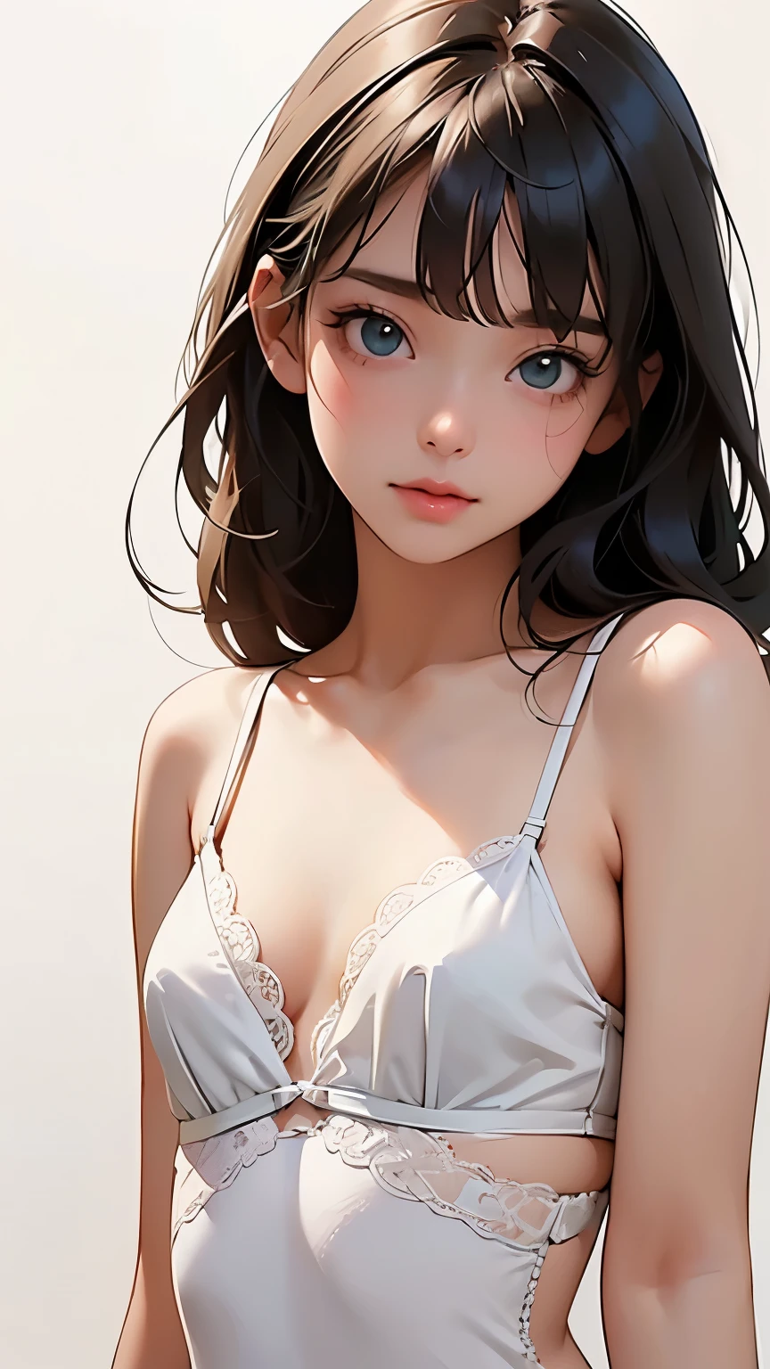 concept art 、(Blank Background:1.2)、( white background;1.2)、 One girl 、whole body、 small breasts、 ( dark green lace lingerie) 、 flat bangs, depicts details of cute faces、 cinematic lighting、Cinematic Light、Soft light、 indirect lighting、 photorealistic , Masterpiece, top quality , break (Blank Background:1.2)、( white background;1.2)、