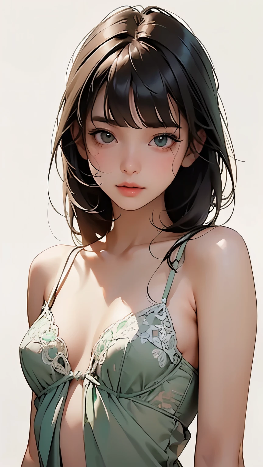 concept art 、(Blank Background:1.2)、( white background;1.2)、 One girl 、whole body、 small breasts、 ( dark green lace lingerie) 、 flat bangs, depicts details of cute faces、 cinematic lighting、Cinematic Light、Soft light、 indirect lighting、 photorealistic , Masterpiece, top quality , break (Blank Background:1.2)、( white background;1.2)、
