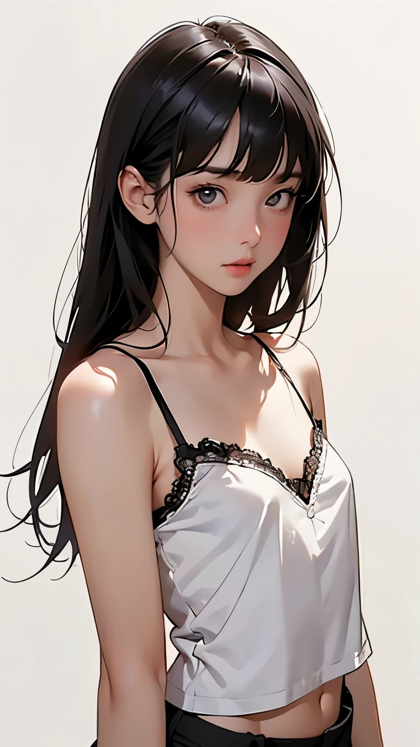   concept art  、(Blank Background:1.2)、(  white background;1.2)、 One girl  、whole body、  small breasts、 ( Black lace camisole) 、   flat bangs,   depicts details of cute faces、   cinematic lighting、Cinematic Light、Soft light、   indirect lighting、  photorealistic , Masterpiece,   top quality , break (Blank Background:1.2)、(  white background;1.2)、