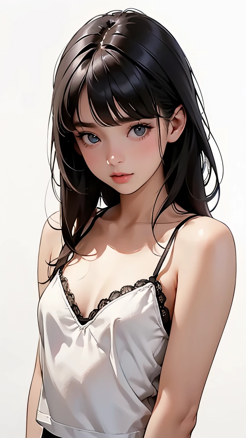 concept art 、(Blank Background:1.2)、( white background;1.2)、 One girl 、whole body、 small breasts、 ( Black lace camisole) 、 flat bangs, depicts details of cute faces、 cinematic lighting、Cinematic Light、Soft light、 indirect lighting、 photorealistic , Masterpiece, top quality , break (Blank Background:1.2)、( white background;1.2)、