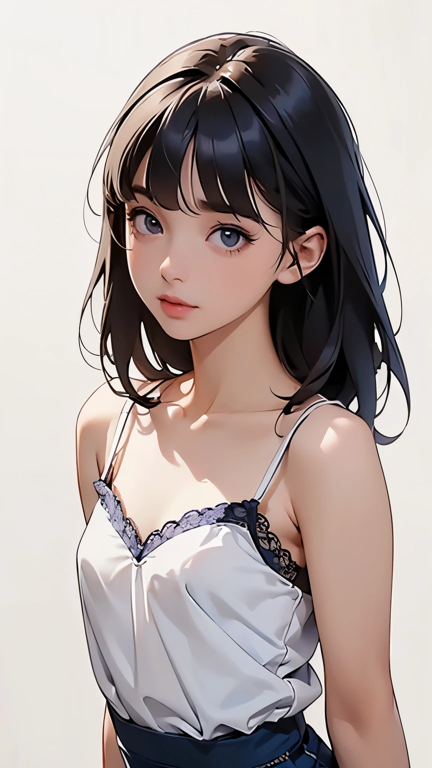 concept art 、(Blank Background:1.2)、( white background;1.2)、 One girl 、whole body、 small breasts、 ( navy blue lace camisole) 、 flat bangs, depicts details of cute faces、 cinematic lighting、Cinematic Light、Soft light、 indirect lighting、 photorealistic , Masterpiece, top quality , break (Blank Background:1.2)、( white background;1.2)、