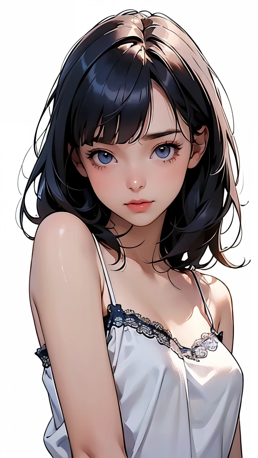 concept art 、(Blank Background:1.2)、( white background;1.2)、 One girl 、whole body、 small breasts、 ( navy blue lace camisole) 、 flat bangs, depicts details of cute faces、 cinematic lighting、Cinematic Light、Soft light、 indirect lighting、 photorealistic , Masterpiece, top quality , break (Blank Background:1.2)、( white background;1.2)、