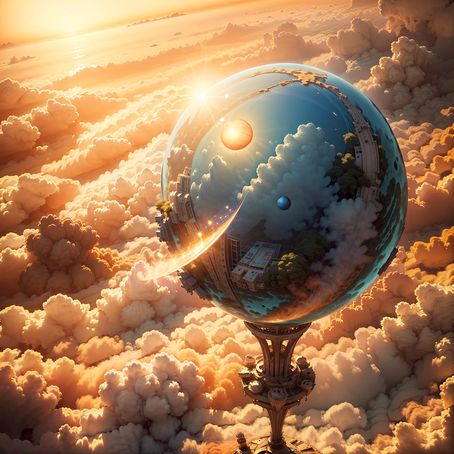 8K quality,(masterpiece:1.3), top quality, detailed images,unmanned, Above the Clouds,Floating(One perfect sphere is floating(A planet with only blue water)),background(universe,Shining Star々, golden gradation,Sunset gradation).