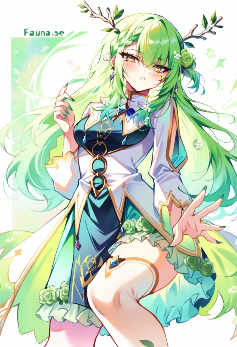 fauna_base, long hair, antlers, braided bangs, two-tone dress, jewelry, white thighhighs, single thighhigh, green nails, green rose, mole under eye