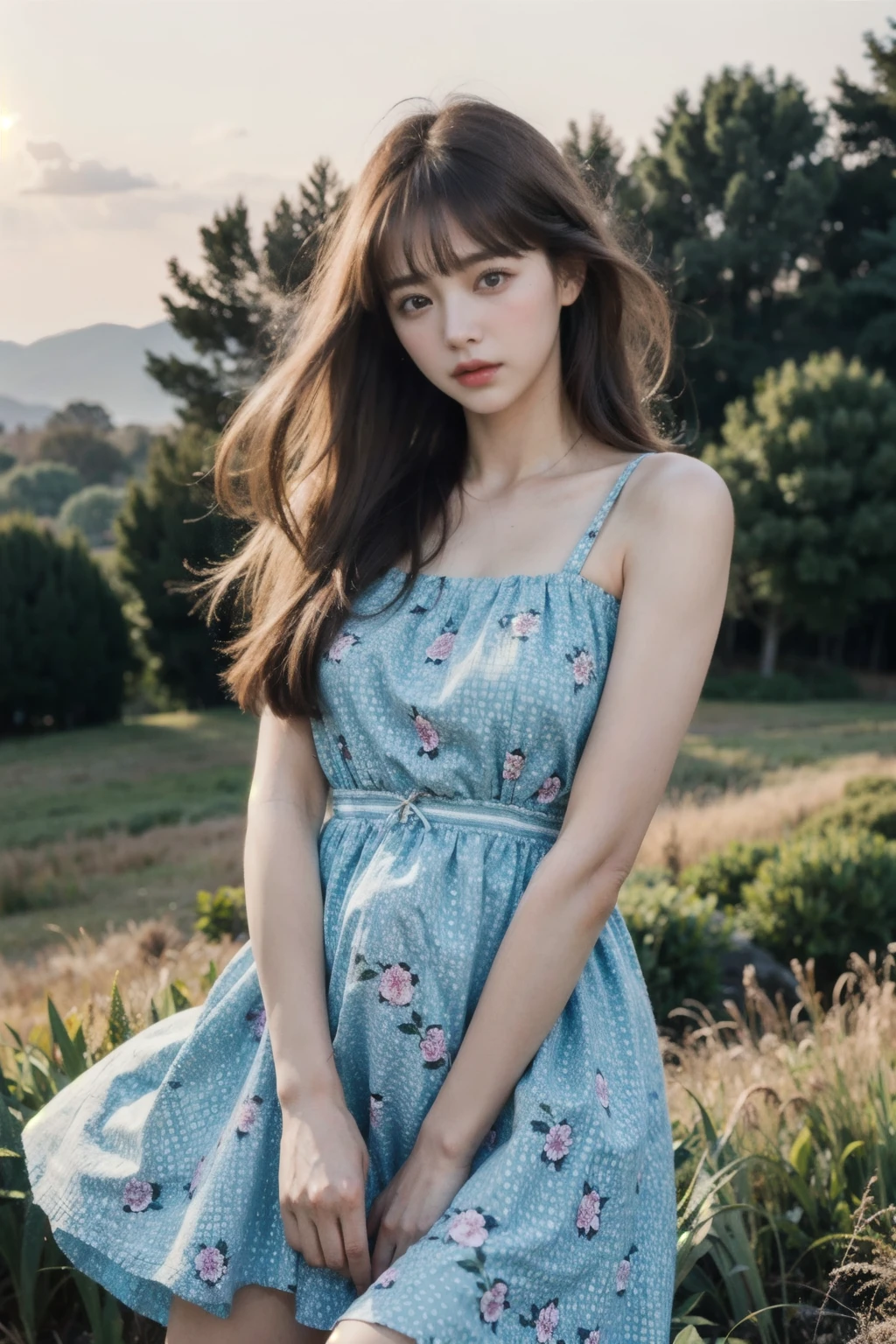21yo girl, orange hair, beautiful dress, flower garden background