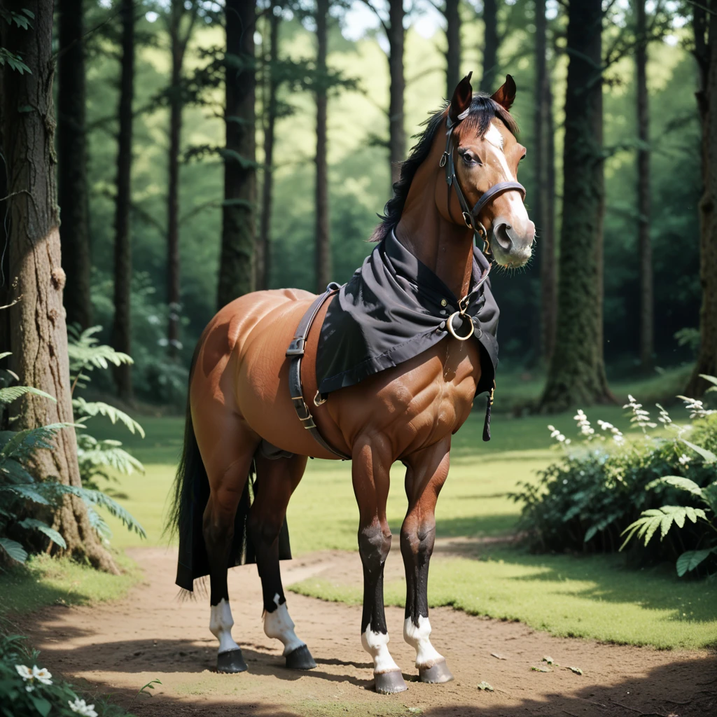 (1horse) full body horsegal ((black coat)) with horse penis, in a deserted forest, masterpiece, dramatic lighting, highly detailed, depth of field