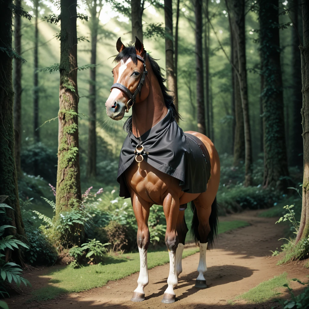 (1horse) full body horsegal ((black coat)) with horse penis, in a deserted forest, masterpiece, dramatic lighting, highly detailed, depth of field