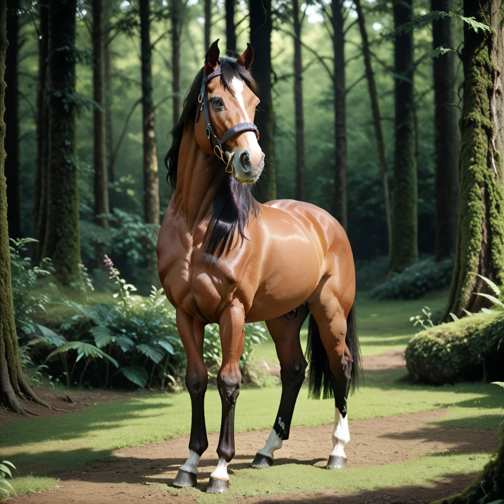 (1horse) full body horsegal ((black coat)) with horse penis, in a deserted forest, masterpiece, dramatic lighting, highly detailed, depth of field