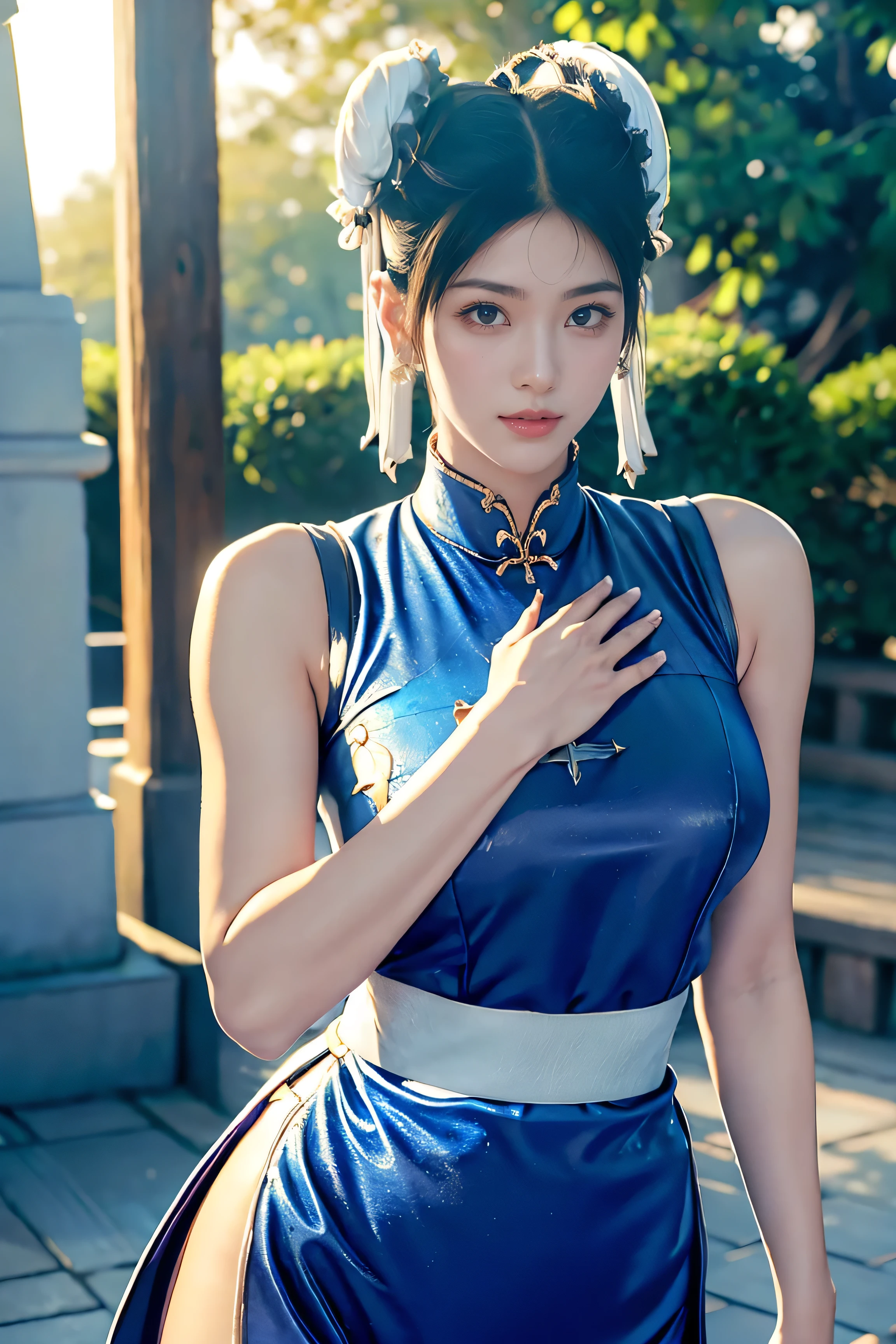 (ChunLi:1.2), (or:1.4), ((whole body)), ([toe;1.3), (Realism), (masterpiece:1.5), ( top quality), ( extremely detailed ), (【8k, 4K, wrong complex ), (Flat light:1.2), (slim), prestige, Brown Eyes, long hair, Brown Eyes, long hair, Brown Hair , white satin ribbon, sleeveless, ponytail, Gorgeous Belt, Pelvic Curtain , Arm guards, Gloves, or, Fascinating expression , sexy eyes, Slim, (( Sexy Body)),((very huge )), Smile, cute, View viewer , long hair, Very Close to Japanese Temple, (Chest Focus :1.5), (Reality:1.2), light Particle, light, ( extremely detailed :1.3), ( Detailed Face :1.2), (Gradient), sfv, colorful, ( Detailed Eyes :1.2), Detailed Temple in Japan , detailed background, ( dynamic angle:1.2), ((dynamic poses)), (( Wide Angle Lens)), Daytime , Alone .