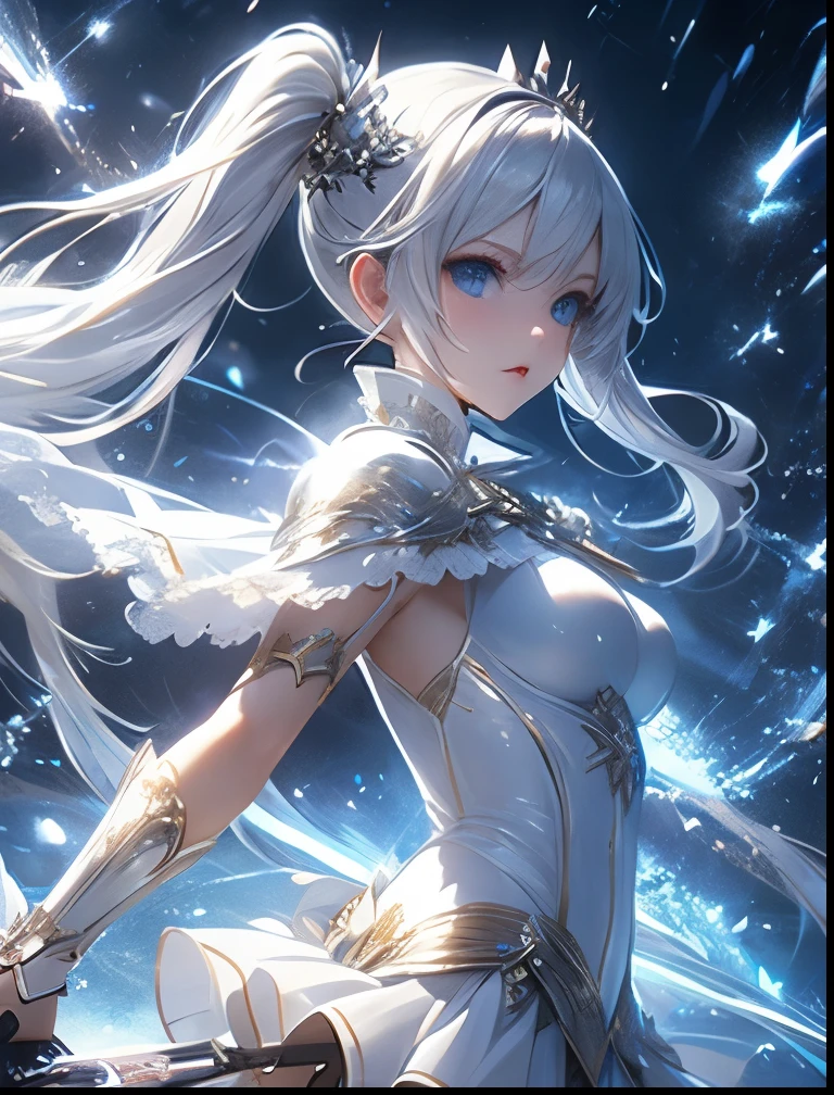 (((masterpiece))), (((highest quality))), ((ultra-detailed)), ((super fine illustration)), ((ultra-fine painting)), (Highly detailed and cool illustration style:1.8), detailed skin texture, detailed metal texture, detailed cloth texture, extreme detailed description, (T-masterpiece), original, raw photo, professional, Intricate details, super details, intricate ornament details, (american shot:1.6), real, (Solo:1.5), (A very beautiful and intelligent mechanized angel woman who is the head court mage) BRAKE (Beautifully shaped small breasts), (Beautifully shaped small buttocks), (Pure white highly detailed large perfect symmetrical wings), (Very detailed and delicate beautiful shiny silver hair that shines in rainbow colors, colorful hair:1.2), (highly detailed silver hair:1.2), (Beautiful clear blue eyes that shine with great detail:1.2), (highly detailed blue clear eyes:1.2), (highly detailed face:1.4), (Very detailed, beautiful and perfect hands:1.4), (Very detailed, beautiful and perfect fingers:1.4), (Very detailed, beautiful and perfect fingertips:1.4), (perfect anatomy:1.4), (perfect symmetrical wings:1.8) BRAKE ((sophisticated mechanism:1.4))Smooth and menacing design, (A highly detailed and stylish ice and thunder magic divine mechanical armor dress that shines in sapphire blue and pearl white exclusively for the head court mage:1.3) BRAKE concept-art, Detailed science magic fantasy art, (Battle Pose), (Highly detailed and cool Attack Magic Casting Pose) BRAKE (Highly detailed and delicate magic circle:1.4), (Highly detailed and delicate Crystal of snow and lightning background:1.3), No robot, (Geometric patterns), (16K highest quality wallpaper:1.4), (Highly detailed and delicate starry sky background:1.4) BRAKE sexy, NSFW BRAKE