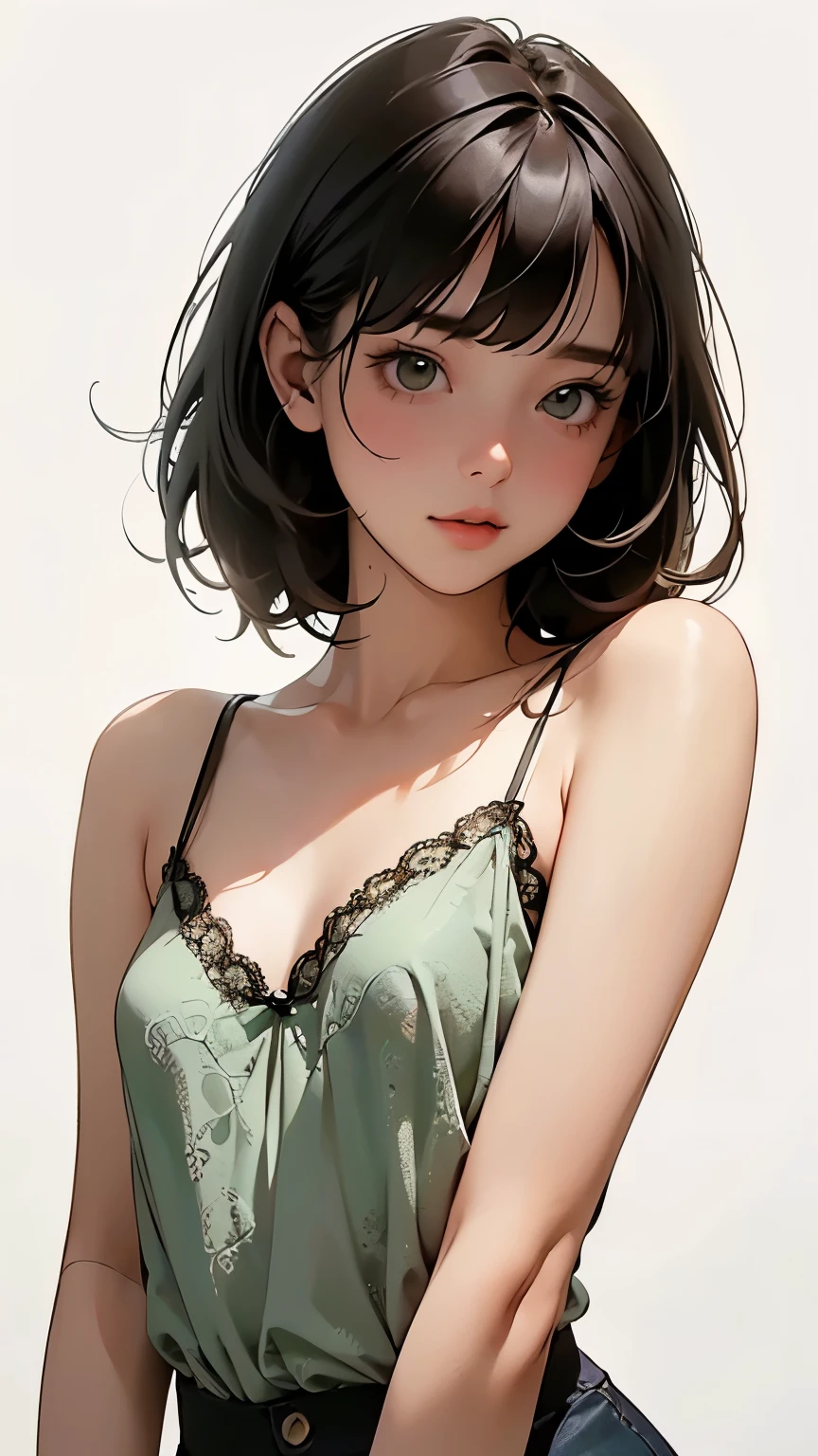 concept art 、(Blank Background:1.2)、( white background;1.2)、 One girl 、whole body、 small breasts、 ( dark green lace camisole) 、 flat bangs, depicts details of cute faces、 cinematic lighting、Cinematic Light、Soft light、 indirect lighting、 photorealistic , Masterpiece, top quality , break (Blank Background:1.2)、( white background;1.2)、
