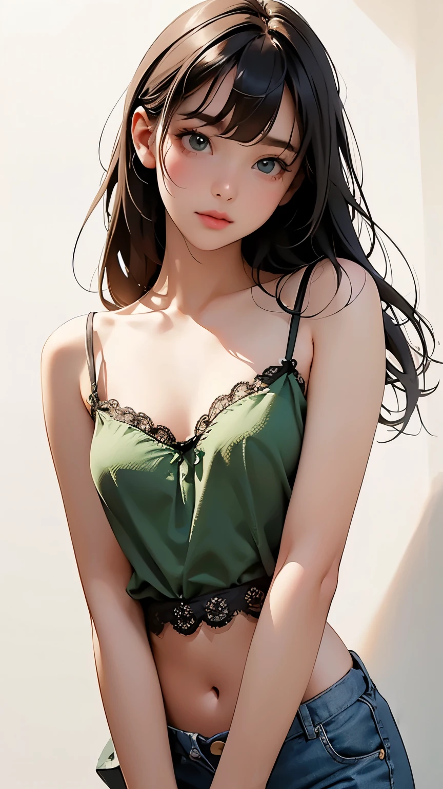 concept art 、(Blank Background:1.2)、( white background;1.2)、 One girl 、whole body、 small breasts、 ( dark green lace camisole) 、 flat bangs, depicts details of cute faces、 cinematic lighting、Cinematic Light、Soft light、 indirect lighting、 photorealistic , Masterpiece, top quality , break (Blank Background:1.2)、( white background;1.2)、