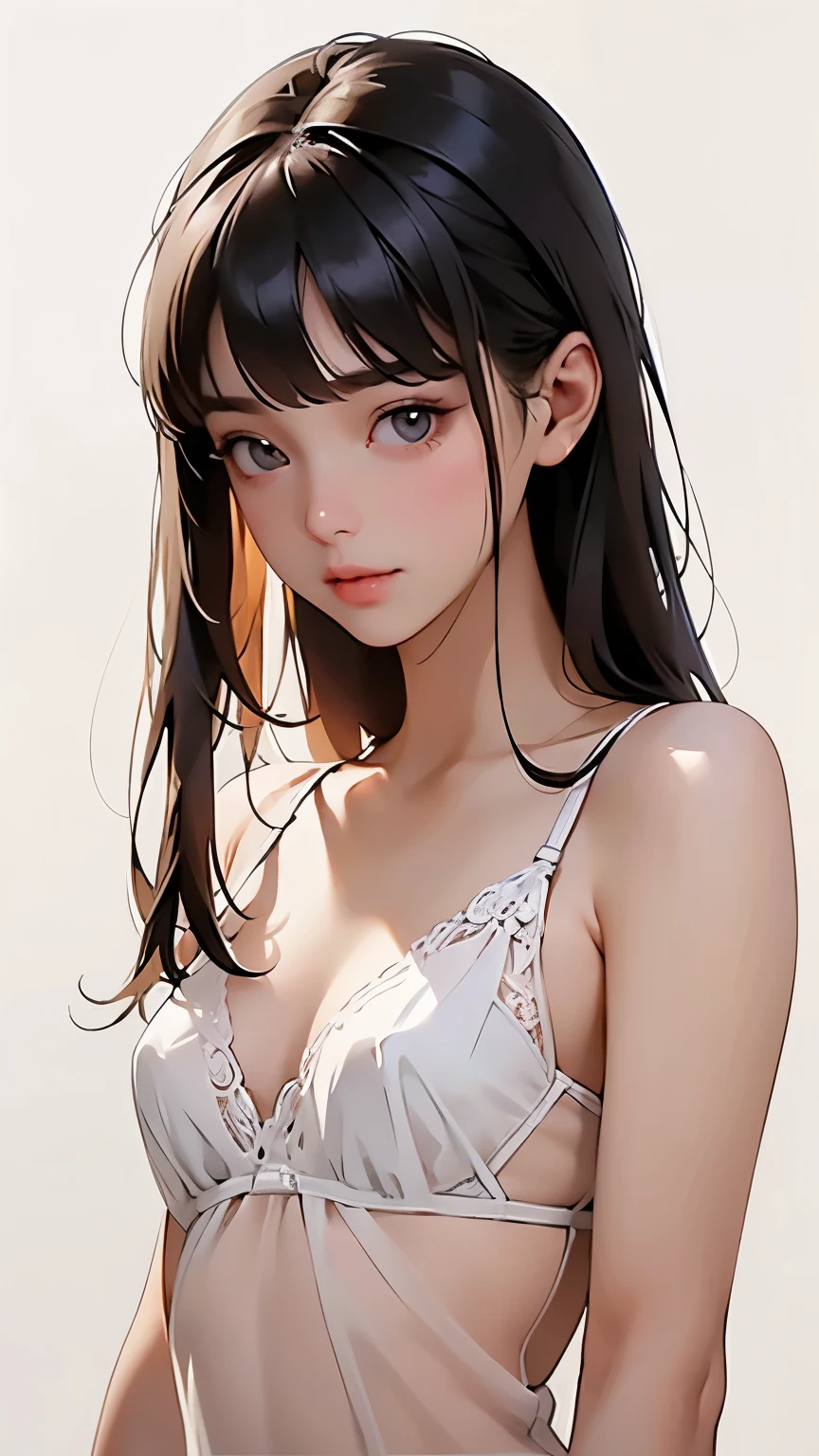 concept art 、(Blank Background:1.2)、( white background;1.2)、 One girl 、whole body、 small breasts、 ( black lace see-through lingerie) 、 flat bangs, depicts details of cute faces、 cinematic lighting、Cinematic Light、Soft light、 indirect lighting、 photorealistic , Masterpiece, top quality , break (Blank Background:1.2)、( white background;1.2)、