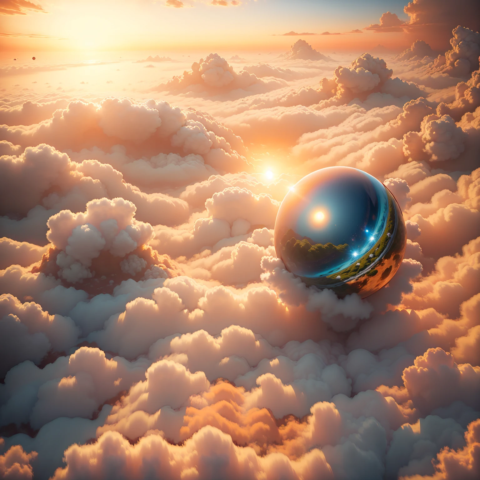 8K quality,(masterpiece:1.3), top quality, detailed images,unmanned, Above the Clouds,Floating(One perfect sphere is floating(A planet with only blue water)),background(universe,Shining Star々, golden gradation,Sunset gradation).