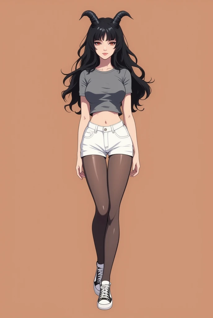 girl, red eyes, white jeans pants, Grey short sleeve fitted t-shirt showing the navel, black hair, very little black horns, long hair, pantyhose on the body, white and black canvas sneakers Modern Anime Style, High Definition, Ultra Details, HD, full body, happy but hiding her true happiness, flat brown background