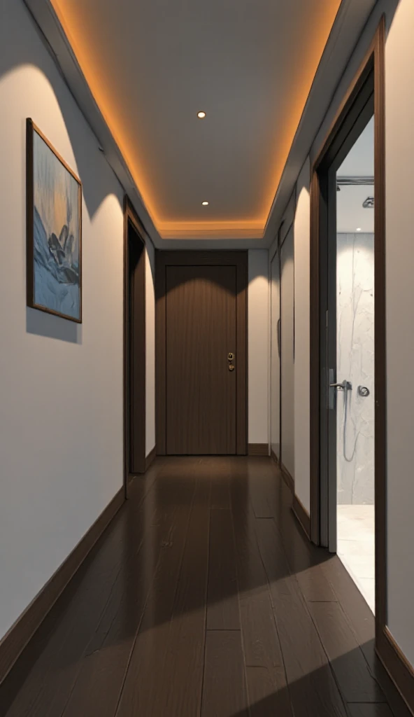 Modern apartment hallway with a clean, minimalist design. The walls are smooth and painted in a soft, neutral gray, accented by sleek wooden baseboards in a rich dark walnut tone. Recessed warm lighting casts a soft, even glow, creating subtle shadows that add depth to the space. The floor is dark-stained hardwood, impeccably polished to reflect the gentle light, with a faint texture visible upon closer inspection. On one wall hangs a single, abstract modern art piece—a swirl of muted blues and grays—adding an understated touch of personality.

The hallway leads to a solid, dark wooden door with a brass doorknob, its surface faintly gleaming under the light. The door is slightly ajar, hinting at the room beyond. Further down, another doorway opens into a pristine, modern bathroom: white marble tiles on the walls and floor, a sleek glass shower enclosure, and minimalist chrome fixtures that reflect the soft light.

The atmosphere is quiet, almost meditative, with the faintest hum of city life filtered through the windows of the apartment. The space feels orderly and refined, as though carefully curated to avoid excess while maintaining a sense of comfort and dignity.