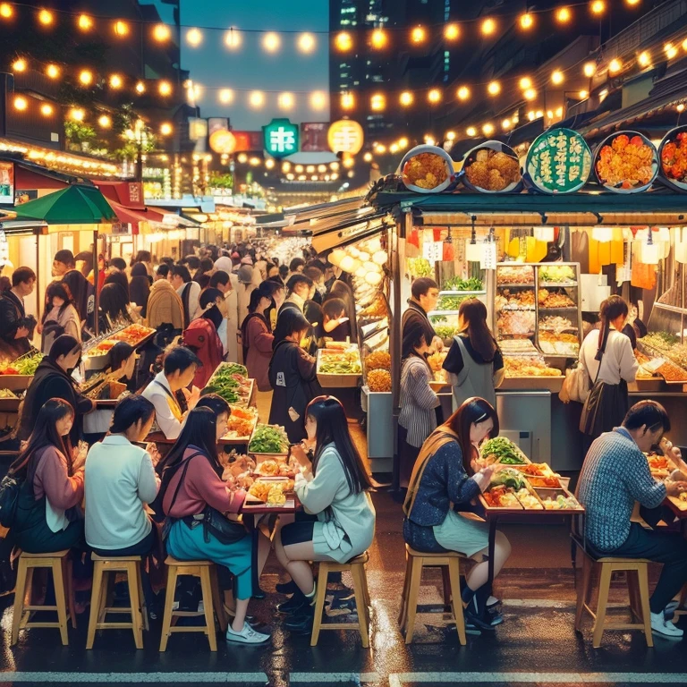 夜にフードマーケットで食事をするテーブルに座っているpeople, with street stalls, stalls, stall,  Shutterstock , Busy restaurant, Japanese Market, people々Is eating a meal, Bustling market,  is the best on Adobe Stock, 外で食事をしているpeople々,  shopping mall food court, people々The bustling , The bustling sound of the market ,  Vivid atmosphere 