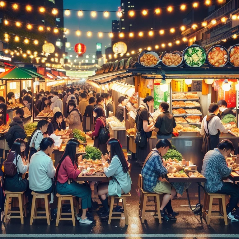 夜にフードマーケットで食事をするテーブルに座っているpeople, with street stalls, stalls, stall,  Shutterstock , Busy restaurant, Japanese Market, people々Is eating a meal, Bustling market,  is the best on Adobe Stock, 外で食事をしているpeople々,  shopping mall food court, people々The bustling , The bustling sound of the market ,  Vivid atmosphere 