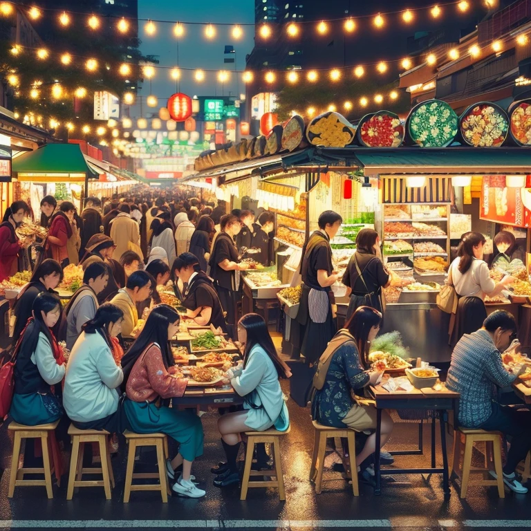 夜にフードマーケットで食事をするテーブルに座っているpeople, with street stalls, stalls, stall,  Shutterstock , Busy restaurant, Japanese Market, people々Is eating a meal, Bustling market,  is the best on Adobe Stock, 外で食事をしているpeople々,  shopping mall food court, people々The bustling , The bustling sound of the market ,  Vivid atmosphere 