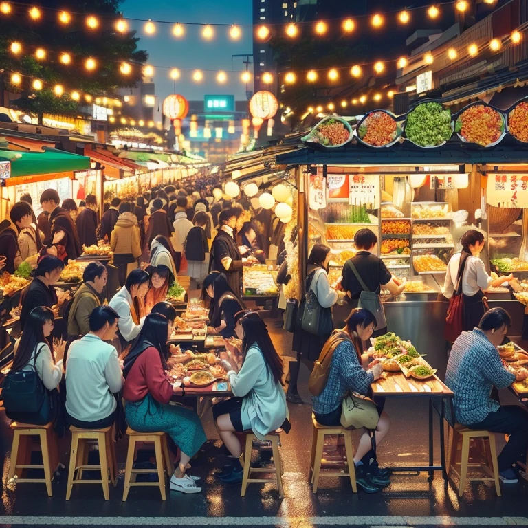 夜にフードマーケットで食事をするテーブルに座っているpeople, with street stalls, stalls, stall,  Shutterstock , Busy restaurant, Japanese Market, people々Is eating a meal, Bustling market,  is the best on Adobe Stock, 外で食事をしているpeople々,  shopping mall food court, people々The bustling , The bustling sound of the market ,  Vivid atmosphere 