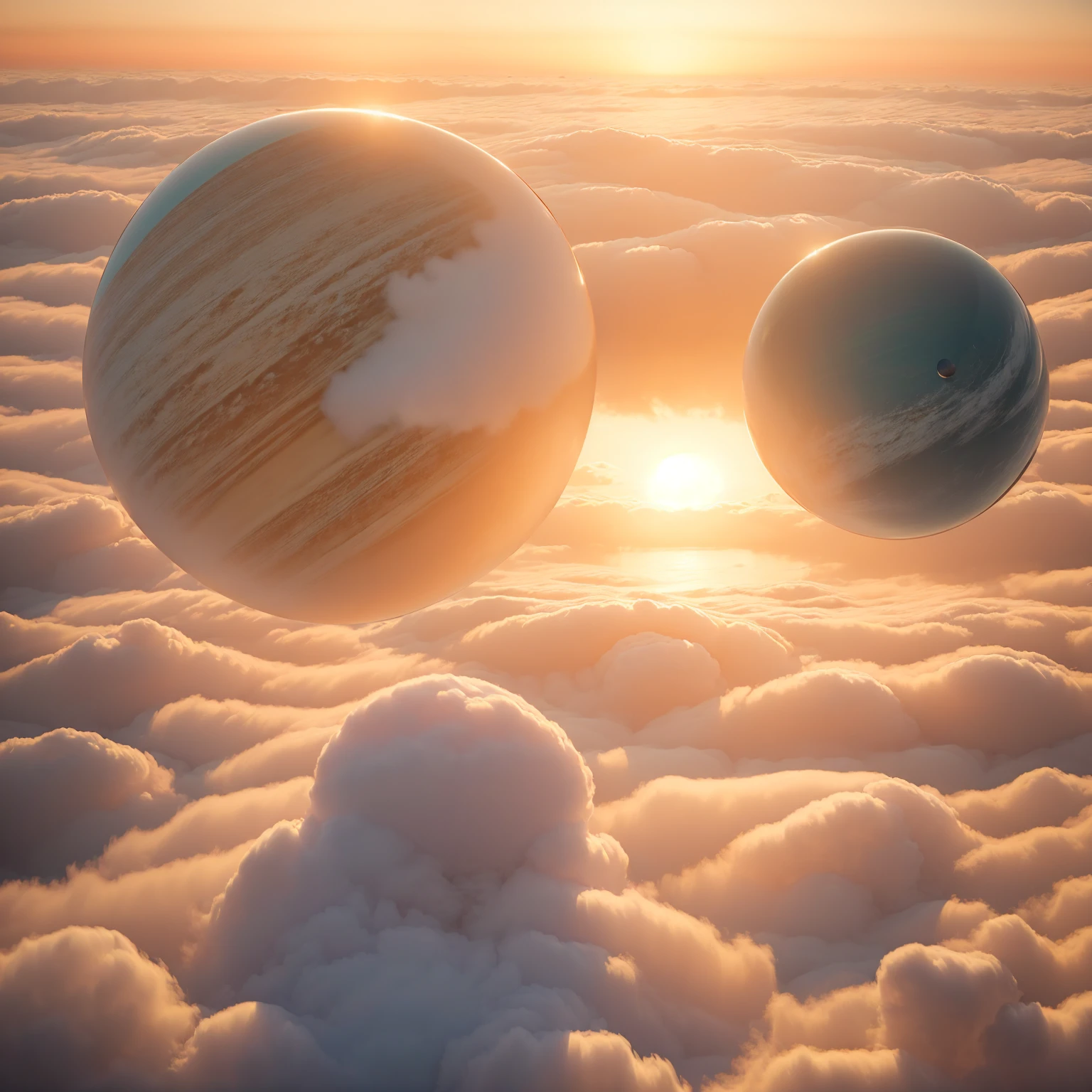 8K quality,(masterpiece:1.3), top quality, detailed images,unmanned, Above the Clouds,Floating(One perfect sphere is floating(A planet with only blue water)),background(universe,Shining Star々, golden gradation,Sunset gradation).