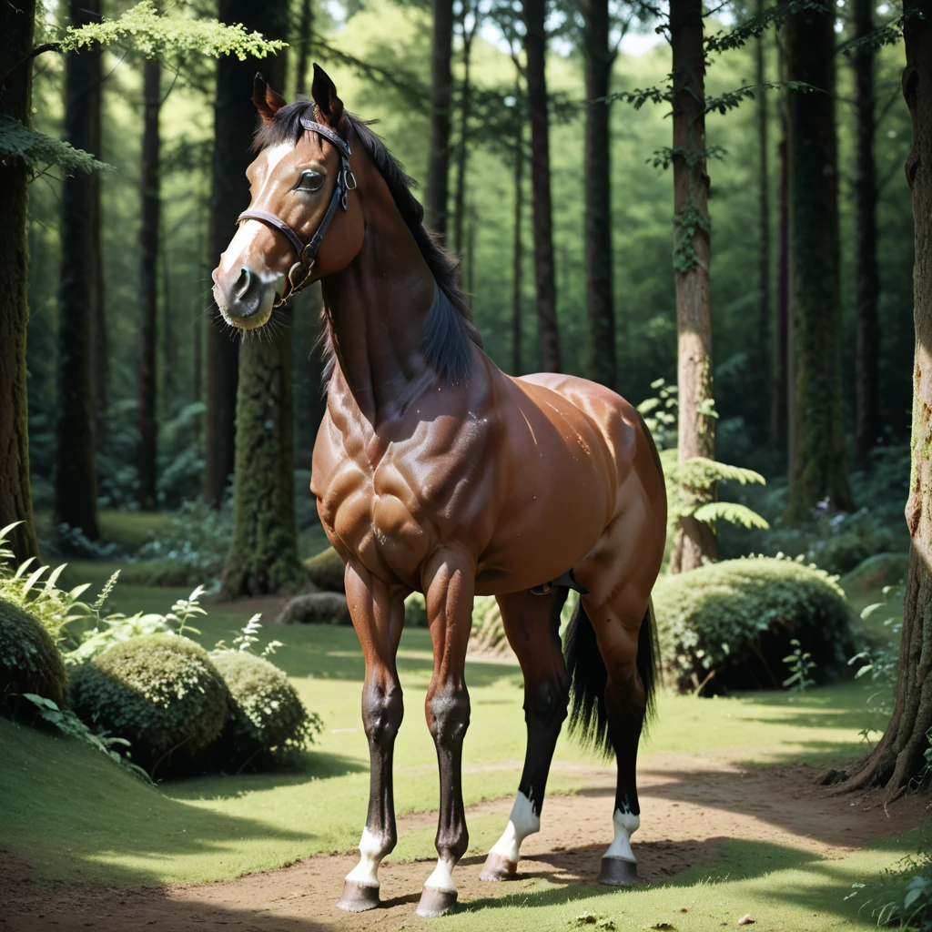 (1horse) full body horsegal ((black fur)) with horse penis, in a deserted forest, masterpiece, dramatic lighting, highly detailed, depth of field