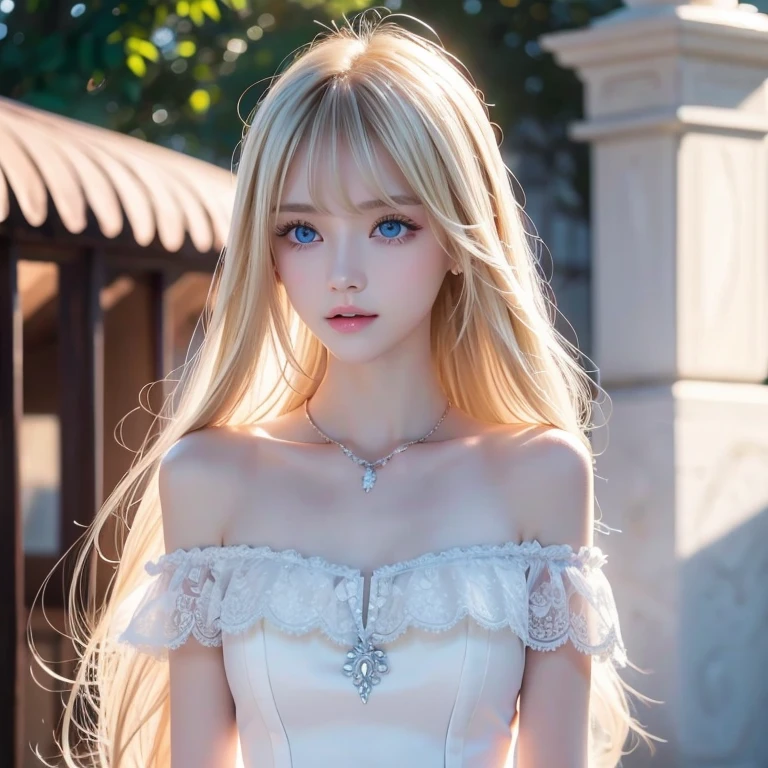 Cinema Lighting, Very beautiful、Realistic professional photo of a young skinny white girl, (()), have a beautiful girlish face, Work as a maid, Lace on the front、She is wearing an elaborate off-the-shoulder short white dress., (Long blonde wavy hair:1.5), A slim and feminine body, Appetizing figure, Narrow waist, barefoot, Velvety Skin, Shyly and anxiously, In a romantic bedroom, Sit on the edge of the bed,